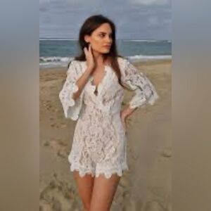 EUC Pink Owl Cream Boho Intricate Lace Romper Deep V-Neck Medium